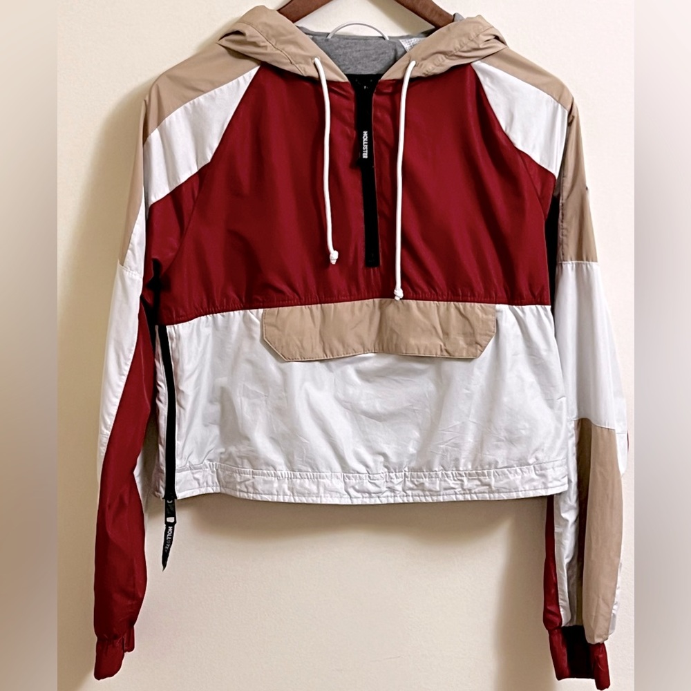 Hollister Women’s Half Zip Crop Wind Breaker Hooded Jacket Size XS white maroon